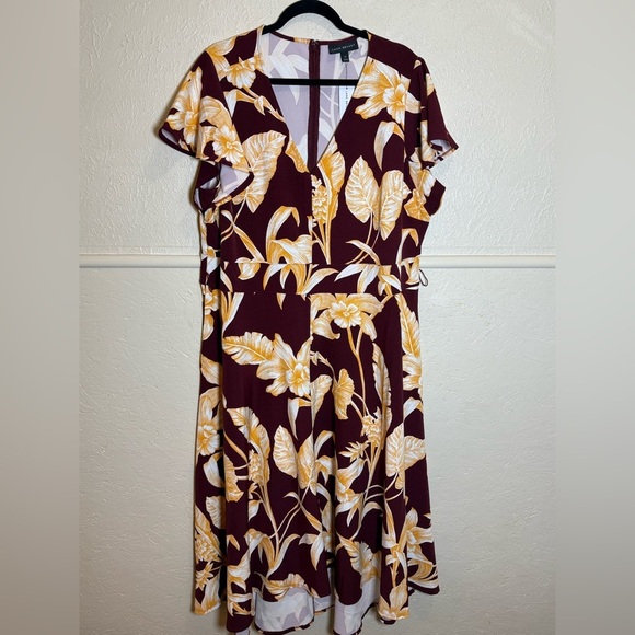 Lane Bryant Short Sleeve High-Low Lena Midi Dress Size 20 Maroon & Yellow Floral - Picture 4 of 10